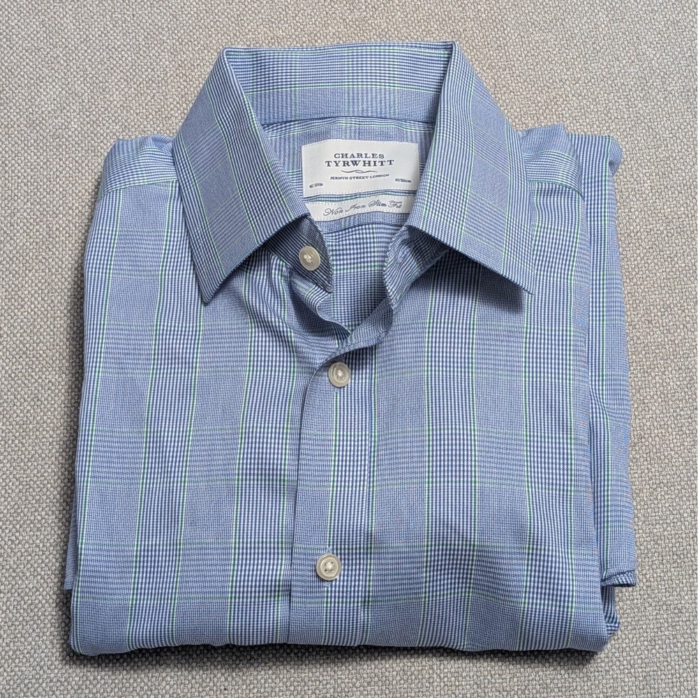 Charles Tyrwhitt Mens Dress Shirt Blue Plaid 16/34 Slim Fit Non-Iron French Cuff
